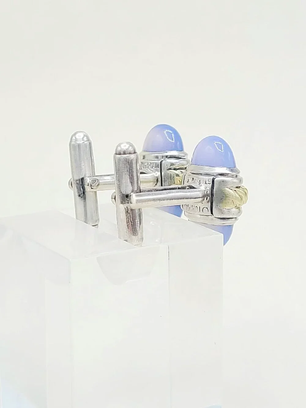 David Yurman Cable Cufflinks w/ Chalcedony & 14K Yellow Gold - RARE